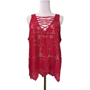 Women's Express Sleeveless Eyelet Lace Red and Tan V-Neck Blouse Top, Size Large